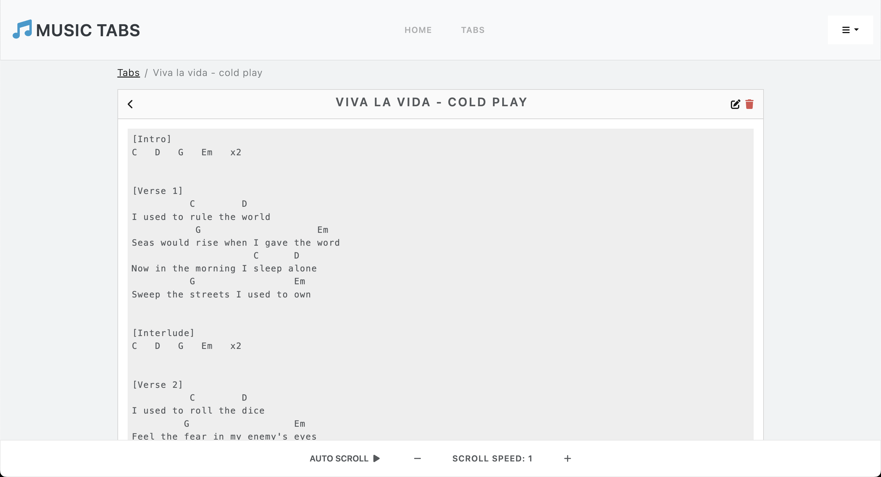 Viewing a single guitar tab